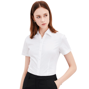月牙泉女士全棉短袖白衬衫V领职业商务修身液氨免烫大码纯棉衬衣