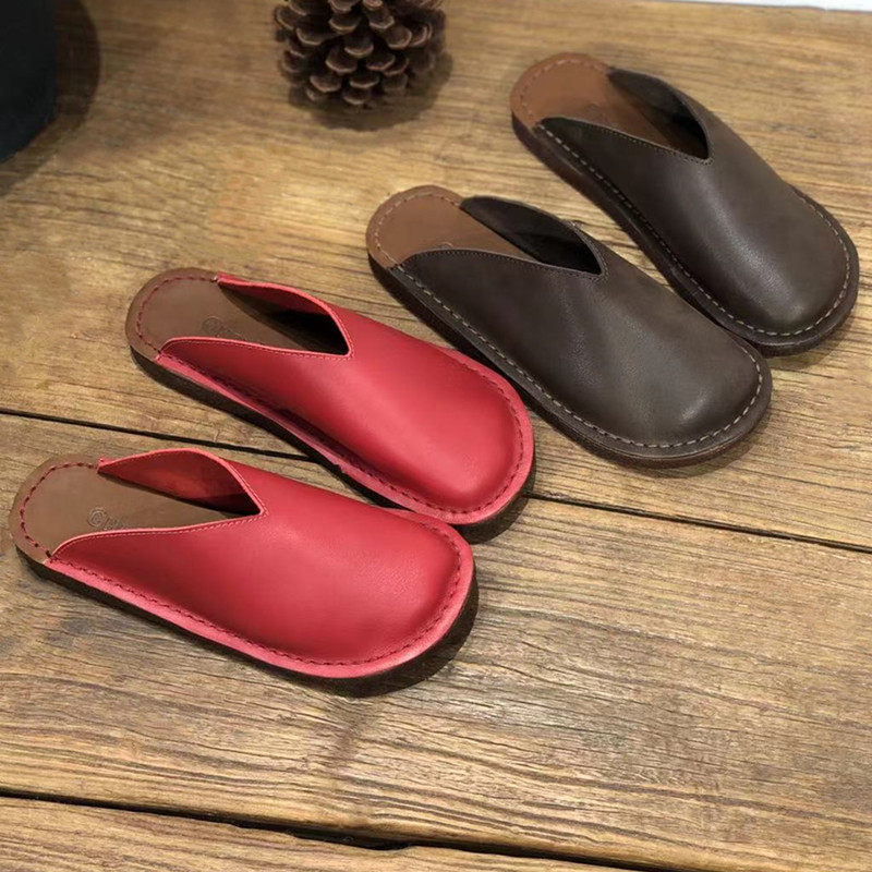 外贸手工真皮包头拖鞋复古文艺平底软牛皮室内家居真皮半拖鞋女夏