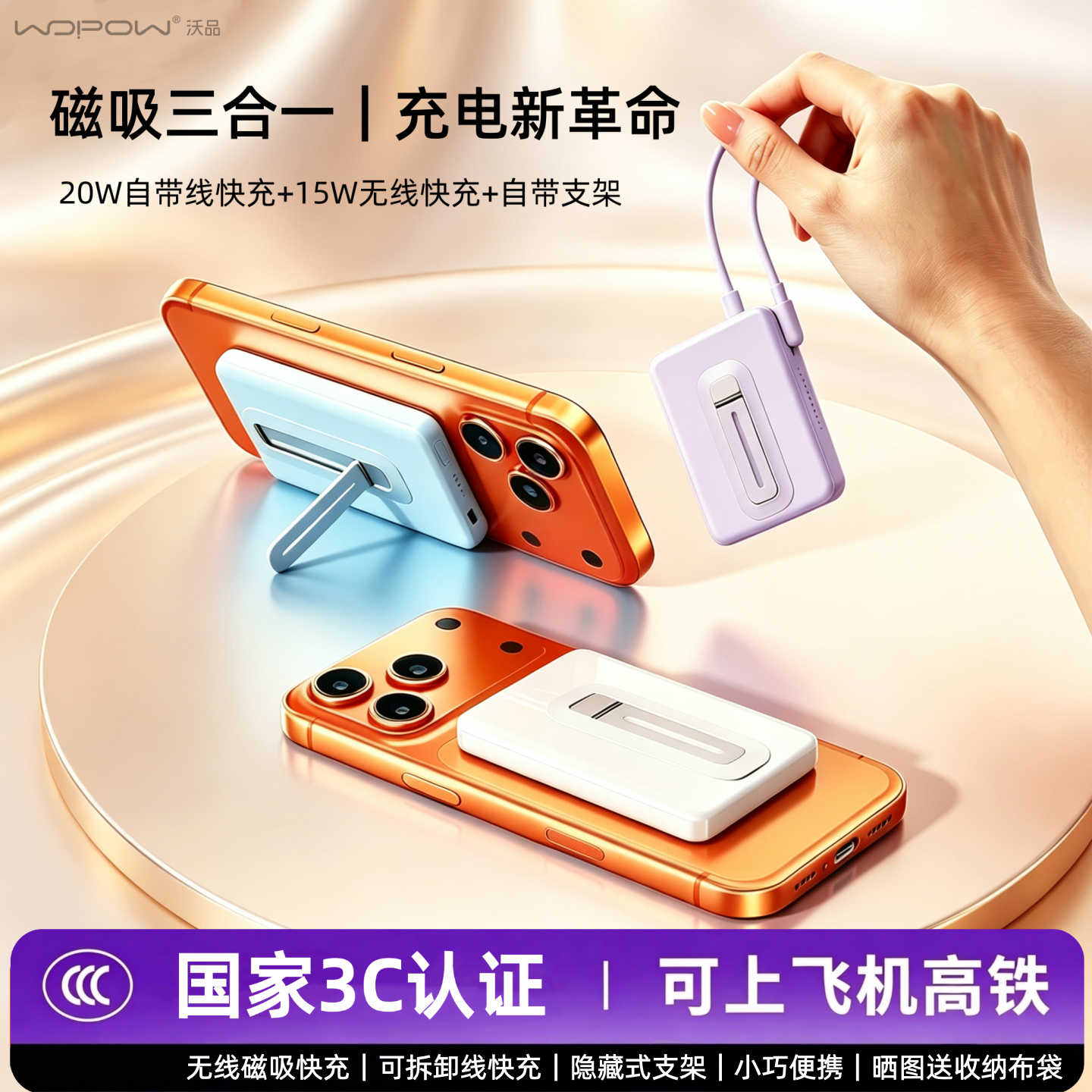 WOPOW沃品三合一磁吸无线充电宝自带线带支架超薄小巧便携3C认证