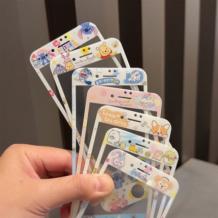 三丽鸥凯蒂猫kitty适用苹果4s/5s彩膜6s/7/8卡通玻璃贴膜美乐蒂iPhone7/8plus不碎边可爱浮雕彩膜SE2/3学生款