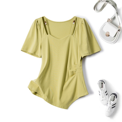 2025年夏季新款胖mm大码法式串珠V领正肩t恤不规则修身上衣64601