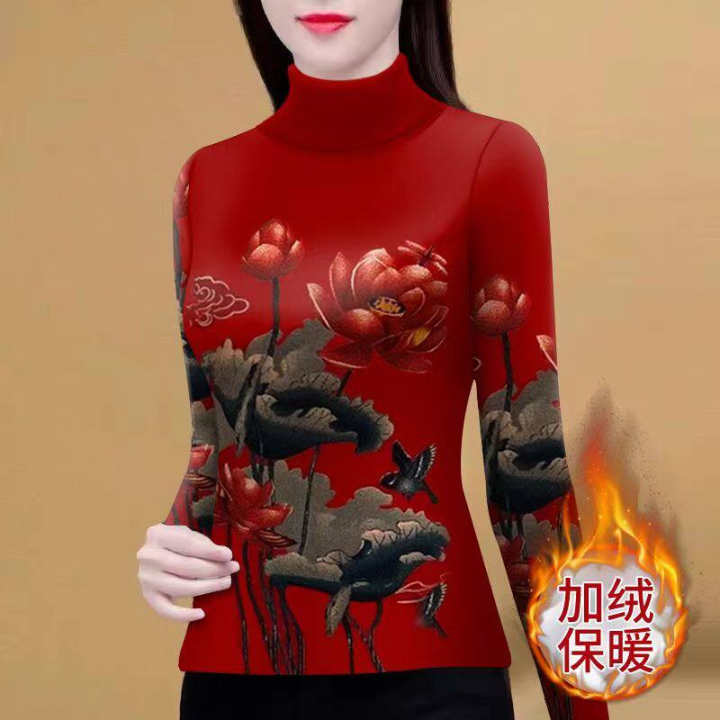 2024秋冬新款加绒加厚保暖打底衣妈妈装高领外穿长袖衫内搭t恤女