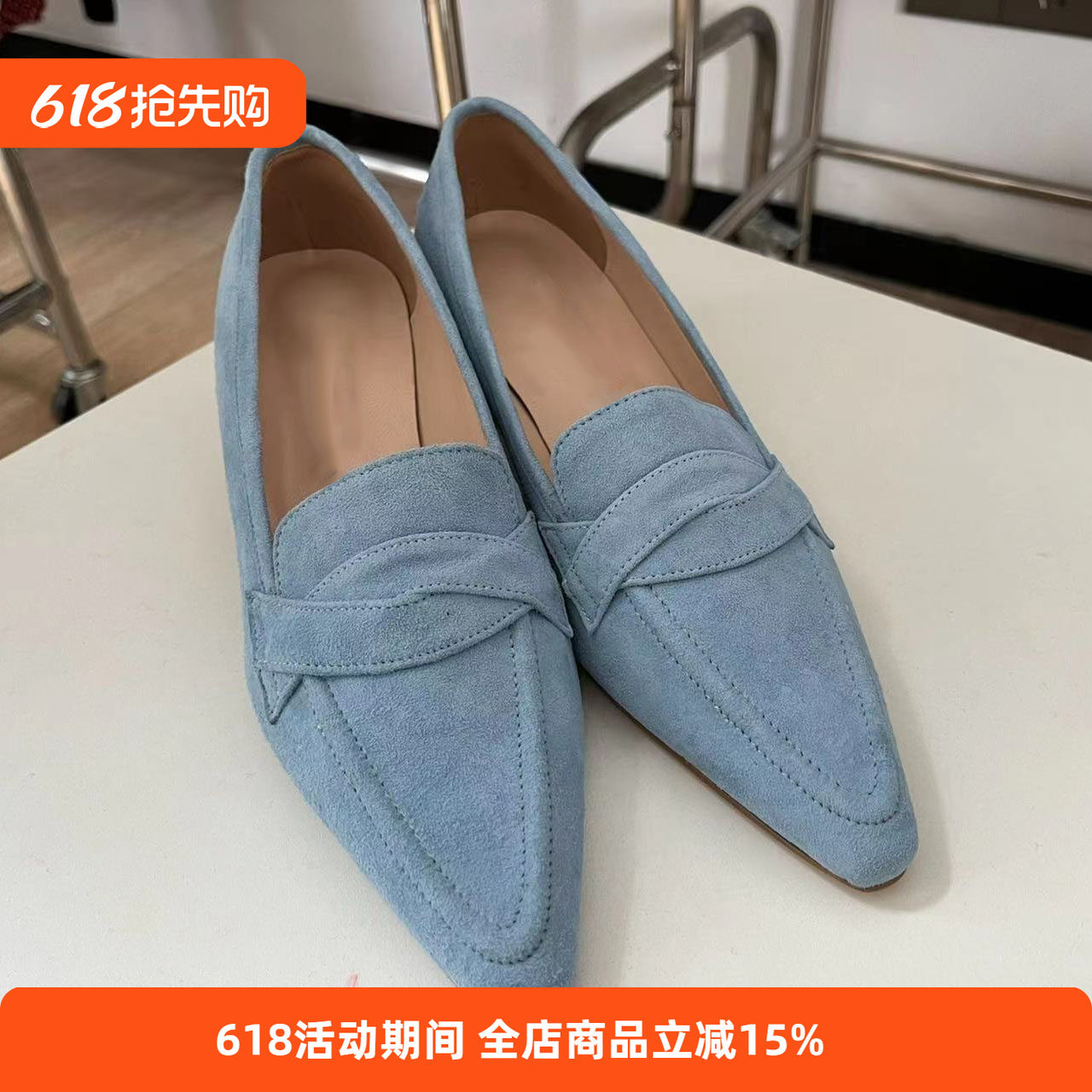 简约尖头手工鞋真皮气质百搭中跟单鞋一脚蹬春季新款乐福鞋女
