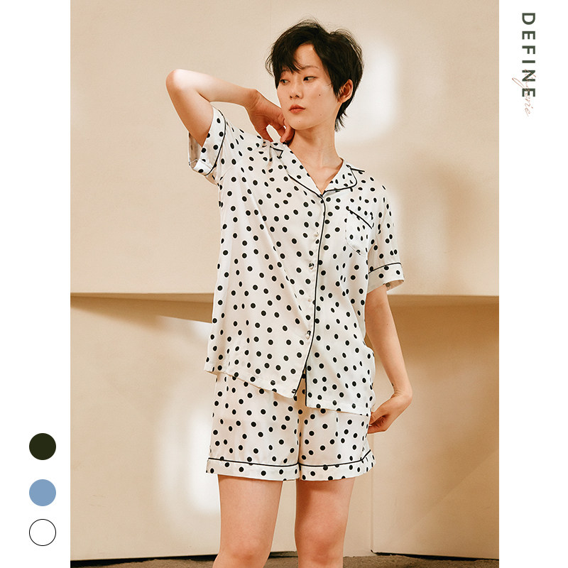 DEFINE法式夏季睡衣女两件套仿真丝质薄款波点短袖裤家居服女2025