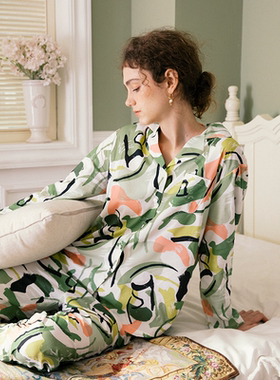 DEFINE春夏设计师印花法式女高级感棉质长袖两件套睡衣家居服套装