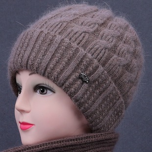 秋冬季 中老年人帽子女妈妈兔毛线针织帽奶奶加绒厚老太太保暖棉帽