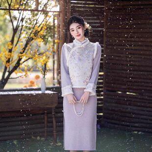 曼玉改良气质汉服斜襟女立领提花马甲中式两件套毛领紫色刺绣斜襟