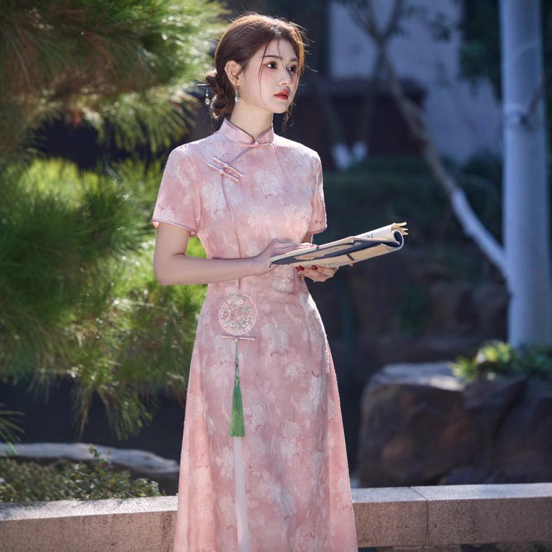苏瑾双层旗袍新款奥黛 春夏年轻旗袍中长款短袖款提花粉色女刺绣2
