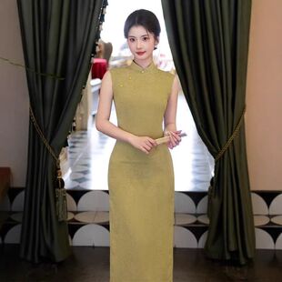 旗袍修身 苏堇无袖 旗袍芥末开叉长款 低缎绿女长款 2026现货 春夏新款