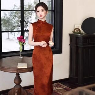 苏堇女回门2026春夏新款 订婚礼服旗袍醋酸 旗袍显瘦仿旗袍橘色无袖