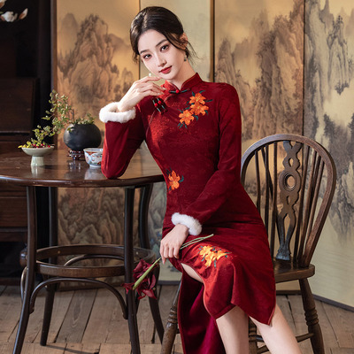 红色加绒国风苏州长袖改良旗袍冬季厚款女新中式复古拜年服秋冬装