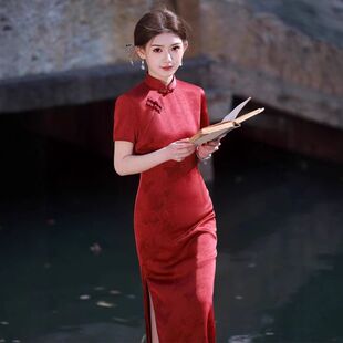 醋酸暗纹 提花仿女2025双层长款 苏堇红色新款 扣春夏婚宴旗袍礼服