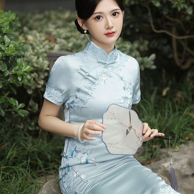 红韵旗袍仿八扣双层红眸旗袍刺绣缎重工连衣裙20235049新款春秋醋