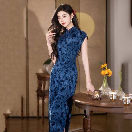 爱旗长款风2025新款年轻旗袍女民国款老上海短袖复古中式蓝色改良