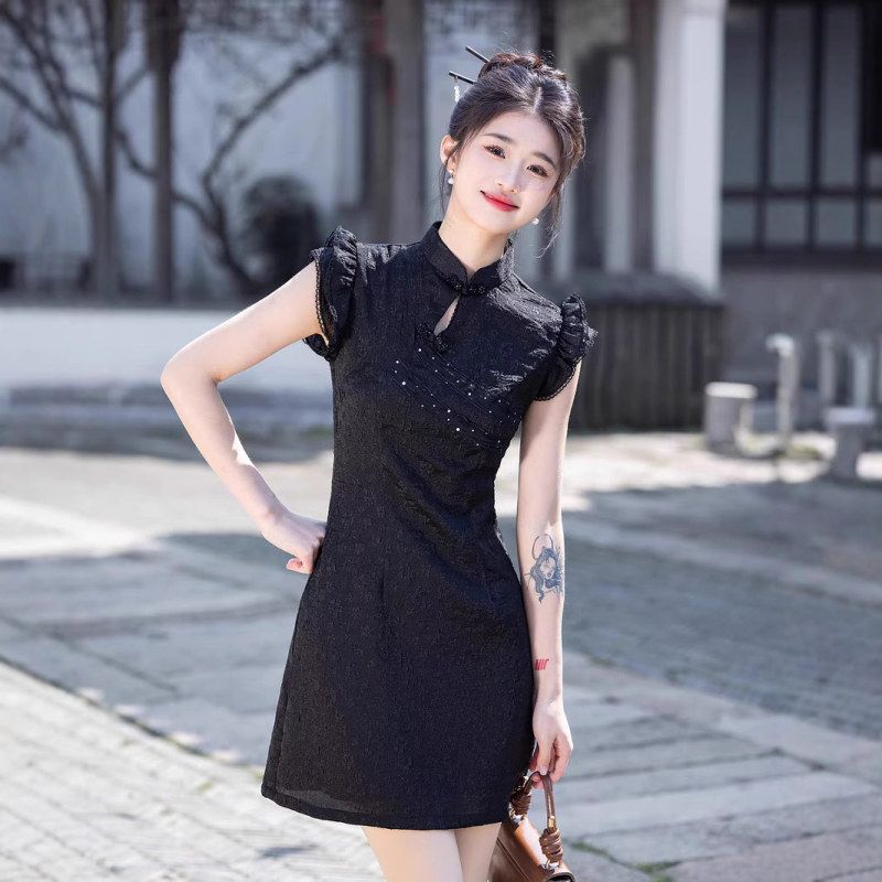 曼玉旗袍黑色少女旗袍短款改良图片