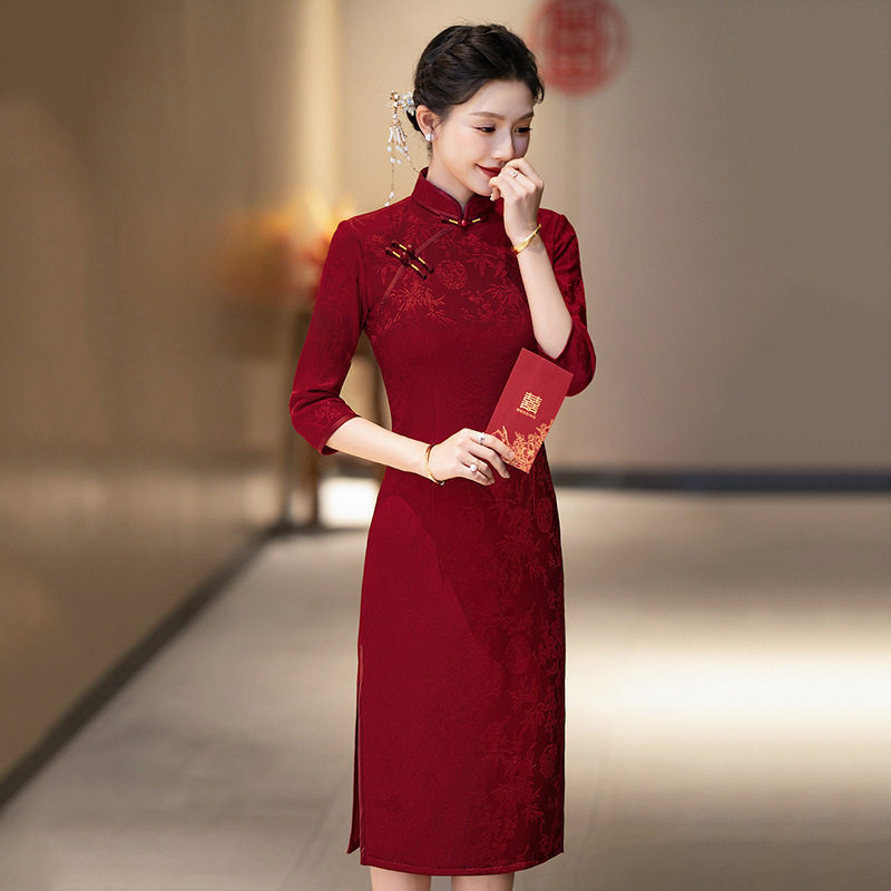 红色喜婆婆喜妈妈婚宴中式秋冬季长袖旗袍改良女外嫁回娘家礼服