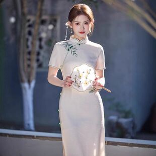 旗袍米新中式 旗袍2025旗袍提花中长款 白色 春夏刺绣国风 苏堇新款