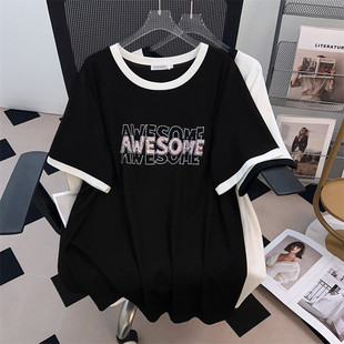 显瘦宽松中长款 加肥加大码 短袖 T恤女200 350 2026新款 300 圆领新款