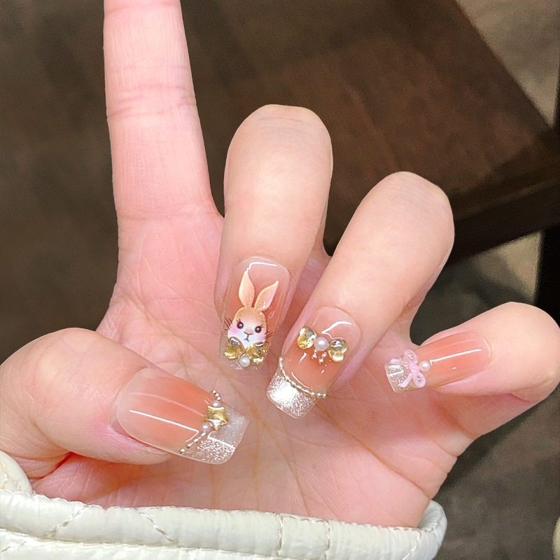 手工儿童美甲穿戴甲高级感中长款宝石萌兔假指甲贴片2026马年新款,彩妆/香水/美妆工具,美甲工具,淘宝优惠券,粉丝福利购,淘宝优惠卷