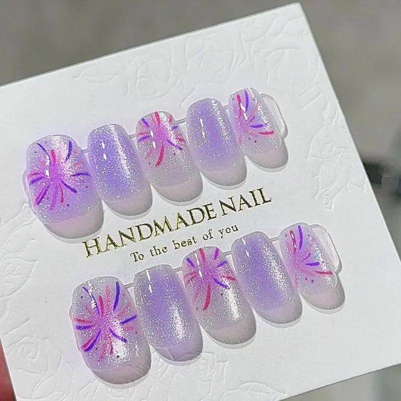 手工儿童美甲穿戴甲感短款紫霞烟花猫眼假指甲贴片2026年新款,彩妆/香水/美妆工具,美甲工具,淘宝优惠券,粉丝福利购,淘宝优惠卷