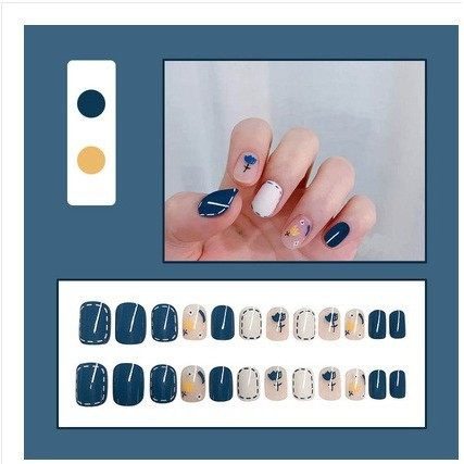 2026年新款儿童美甲穿戴甲感短款蓝色线条小花24片假指甲贴片,彩妆/香水/美妆工具,美甲工具,淘宝优惠券,粉丝福利购,淘宝优惠卷