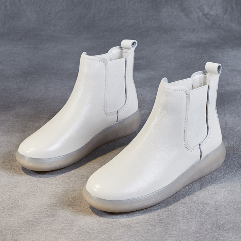 外贸头层牛皮真皮白色切尔西短靴女春秋单靴平底软底短筒马丁靴女