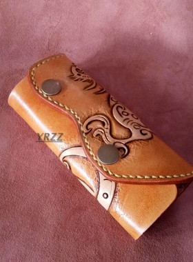 定制 设计 手工  桔黄色 龙纹  四齿链 真皮 皮雕 钥匙包