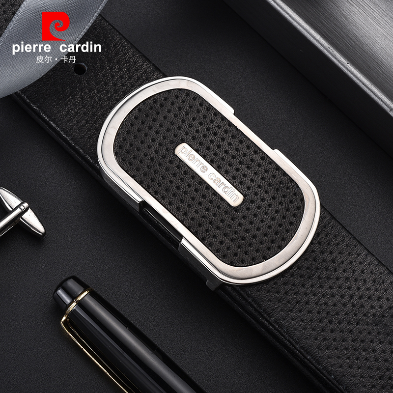 皮尔卡丹男头层牛皮不锈钢腰带