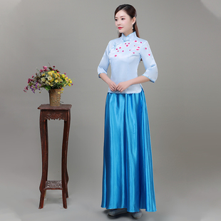 大合唱团演出服女士民国风中式长裙伴娘团礼服民乐二胡古筝连衣裙