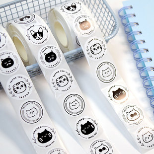 ins韩国可爱黑白猫咪圆形贴纸 饰贴 谢谢你简约封口贴不干胶标签装