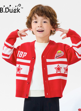 B.Duck小黄鸭童装红色毛衣V领男童V领外套春季2025新款 BF1612031