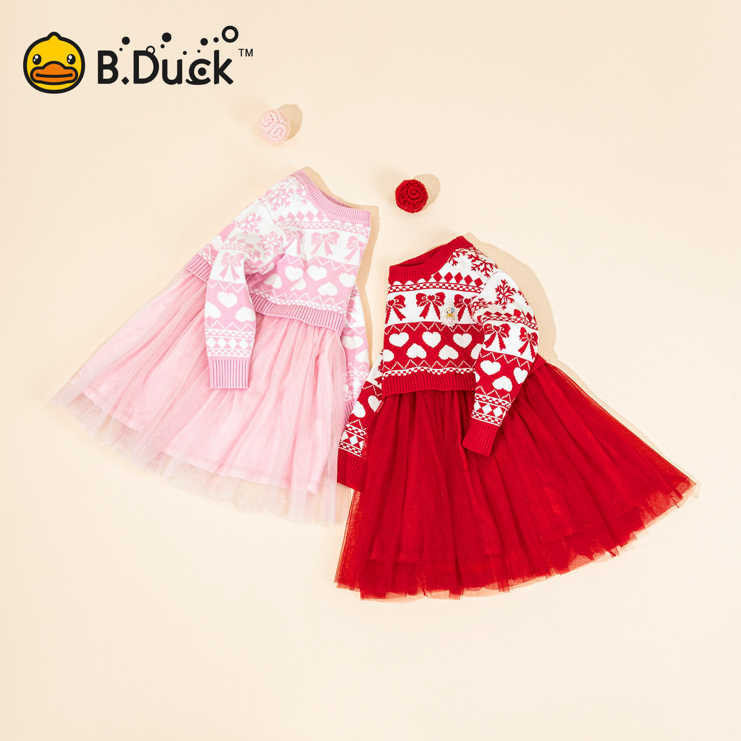 bduck小黄鸭童装女童连衣裙冬季红色拜年服小童毛衣纱裙儿童裙子图片