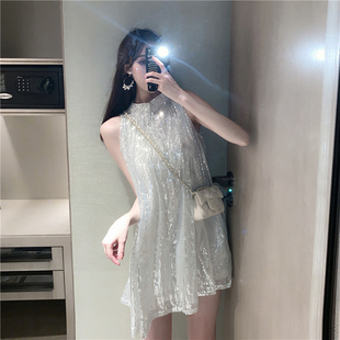 无袖 150名媛小香风145矮个子微胖连衣裙衣服穿搭155夏季 挂脖a字裙