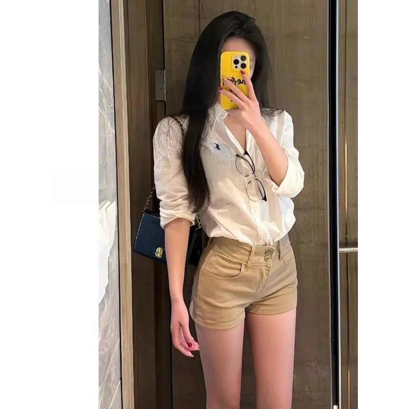 卡其色牛仔短裤女夏季新款高腰紧身美式辣妹包臀显瘦百搭a字热裤