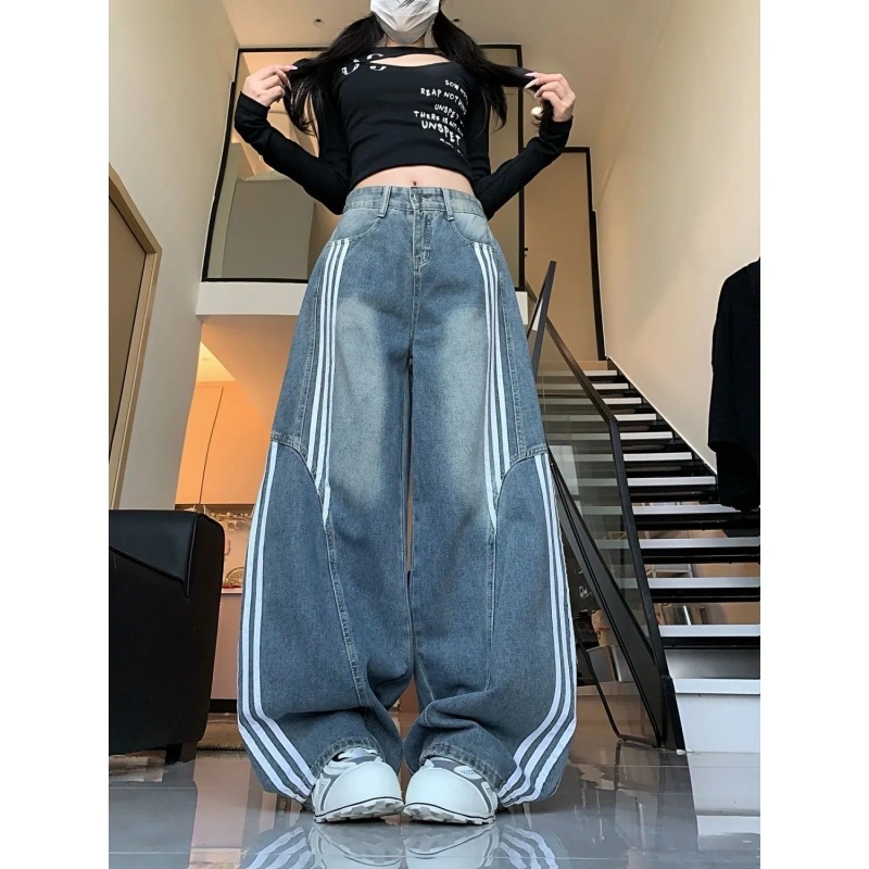 美式复古水洗解构弯刀牛仔裤女设计三条宽松条纹拼接阔腿裤子ins