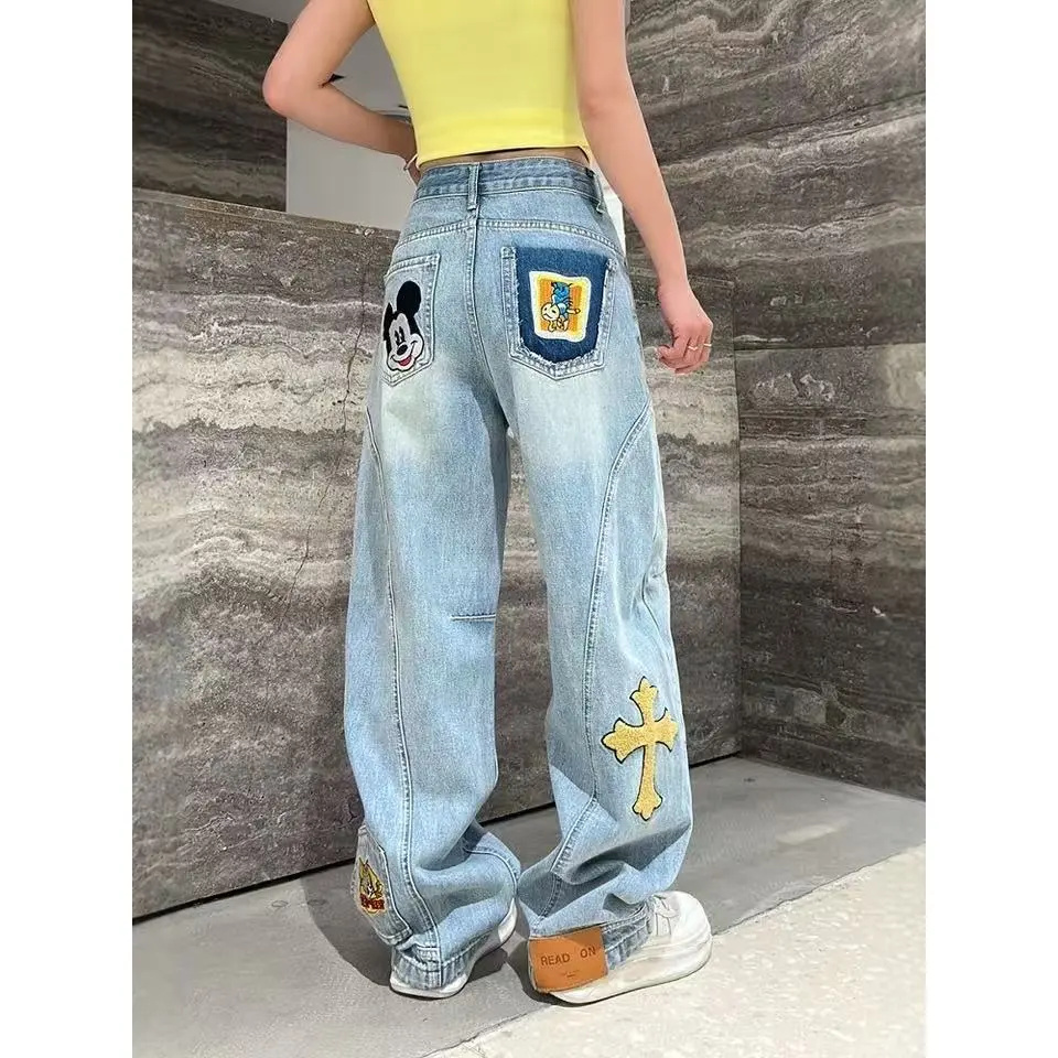 美式卡通米奇刺绣牛仔裤女