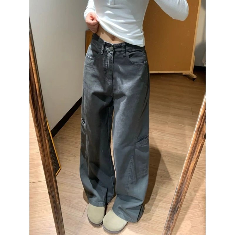 美式复古灰色阔腿工装牛仔裤女春季新款高腰宽松显瘦直筒拖地长裤,女装/女士精品,牛仔裤,淘宝优惠券,粉丝福利购,淘宝优惠卷