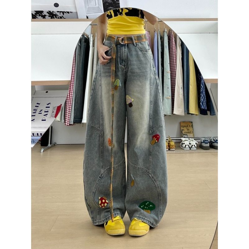 水洗蘑菇毛巾刺绣弯刀卡通设计牛仔裤女显瘦百搭宽松阔腿拖地长裤
