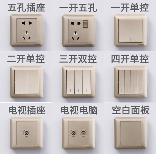 施耐德畅意磨砂金10A五孔二三插一开双控二开三开四开电脑电视86