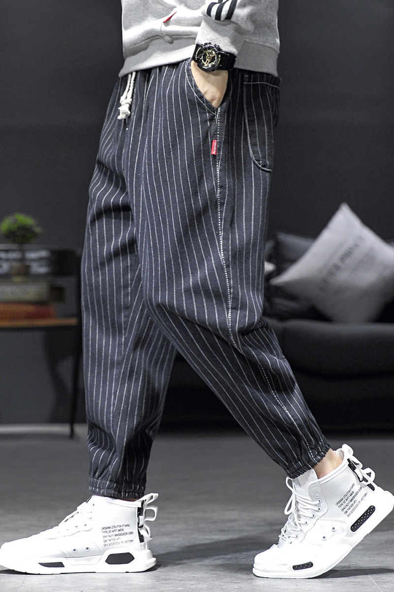秋季新款休闲裤韩版潮流条纹牛仔宽松束脚九分裤子男B416-K321,男装牛仔裤,电商A063