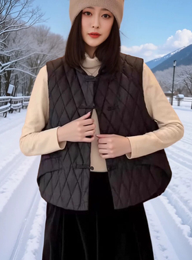 90%白鸭绒羽绒服马甲女士短款中式盘扣复古无袖坎肩马夹短外套潮