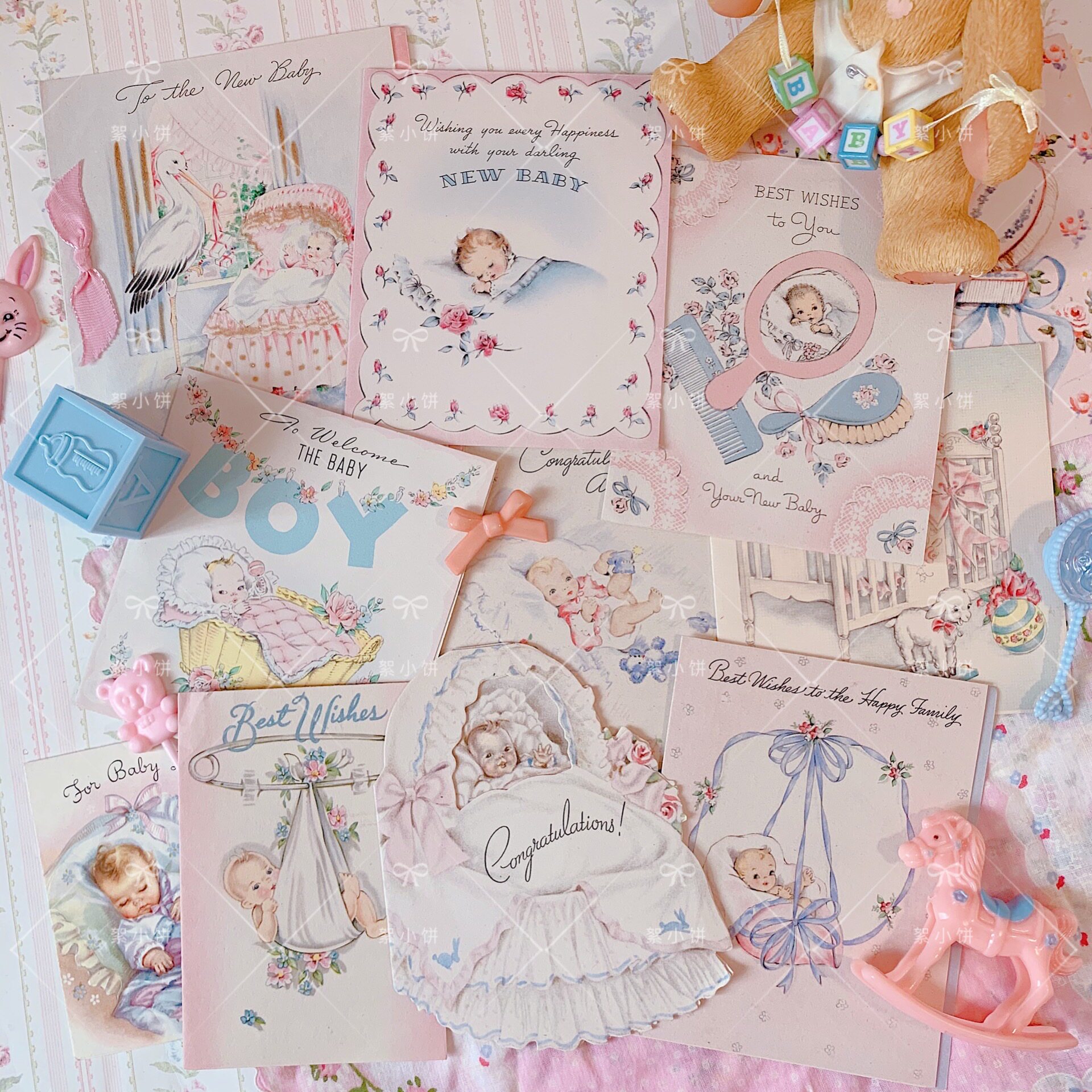 絮小饼日本代购 40-60s柔软baby toys古董卡复古贺卡