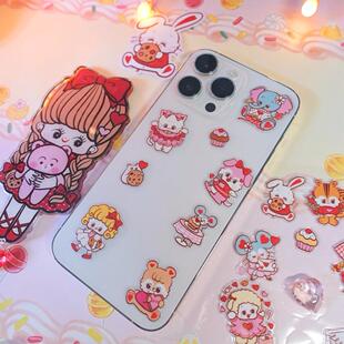 絮小饼mochi合作原创可爱昭和甜蜜小动物女孩透明泡泡贴纸