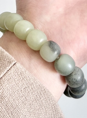 天然和田玉手串散墨青花手串老型珠黑白渐变佛珠大气新中式保真