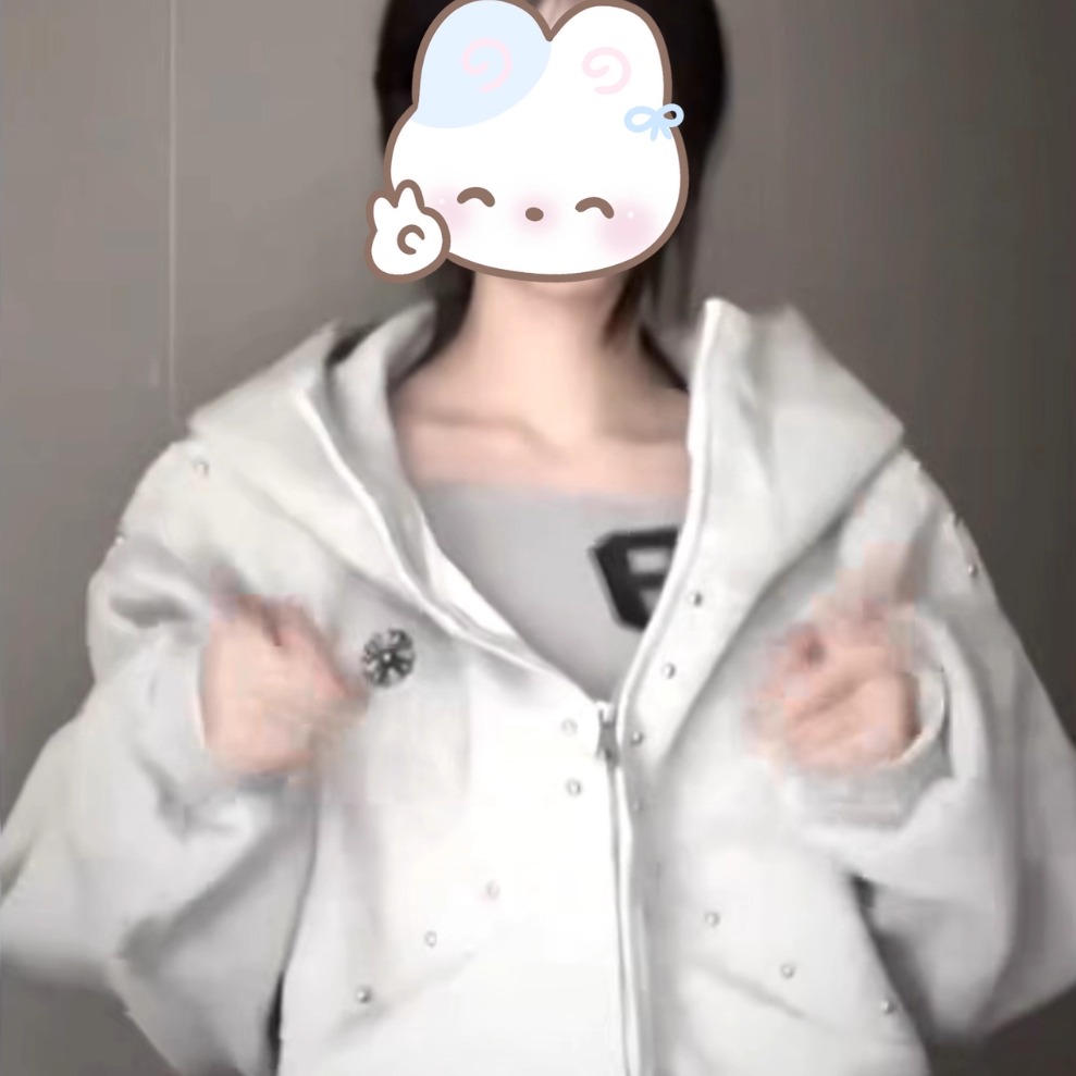 个性甜酷风铆钉拼接立体杜宾犬耳朵开衫卫衣连帽百搭宽松拉链外套