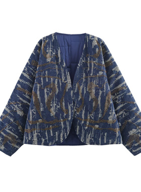 高端设计感欧美女装钉珠串珠棉质牛仔效果棉服和服式外衣 102322