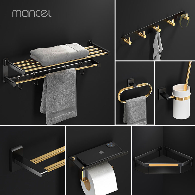 Black gold high-end towel rack, light luxury style, no punching, bathroom pendant, toilet folding rack, storage rack, towel rack