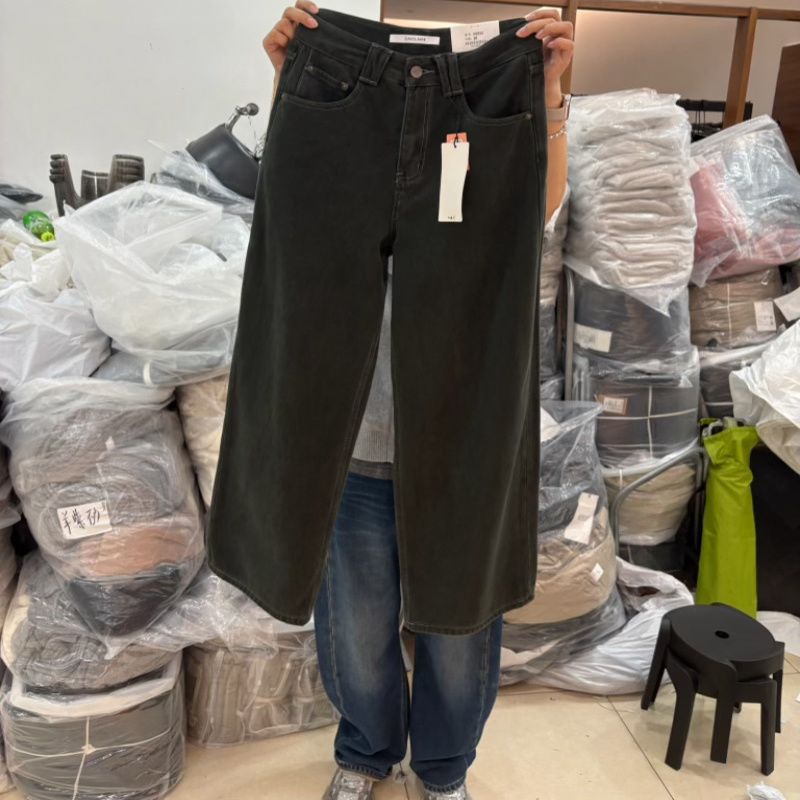 欧货军绿色加绒牛仔裤2025冬季新款高腰显瘦遮肉阔腿长裤女A9855