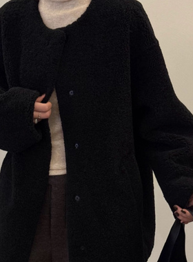 D壹86337韩版宽松圆领皮毛一体外套 冬季加厚中长保暖外套单排扣