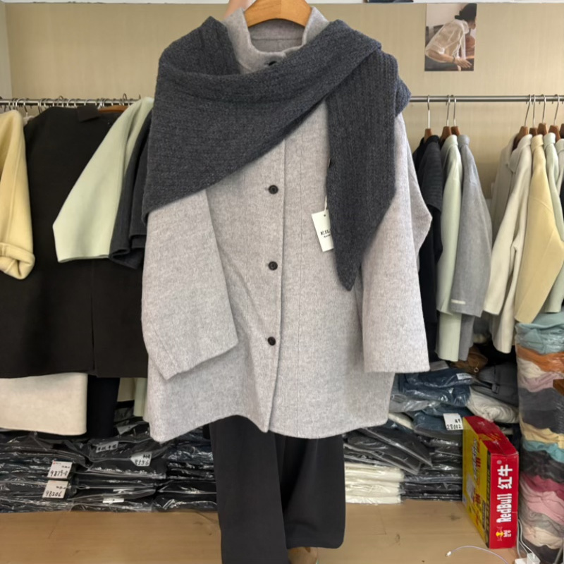 韩国货配围巾！一手长单排扣双面羊绒大衣2025秋冬爬坡领羊毛外套